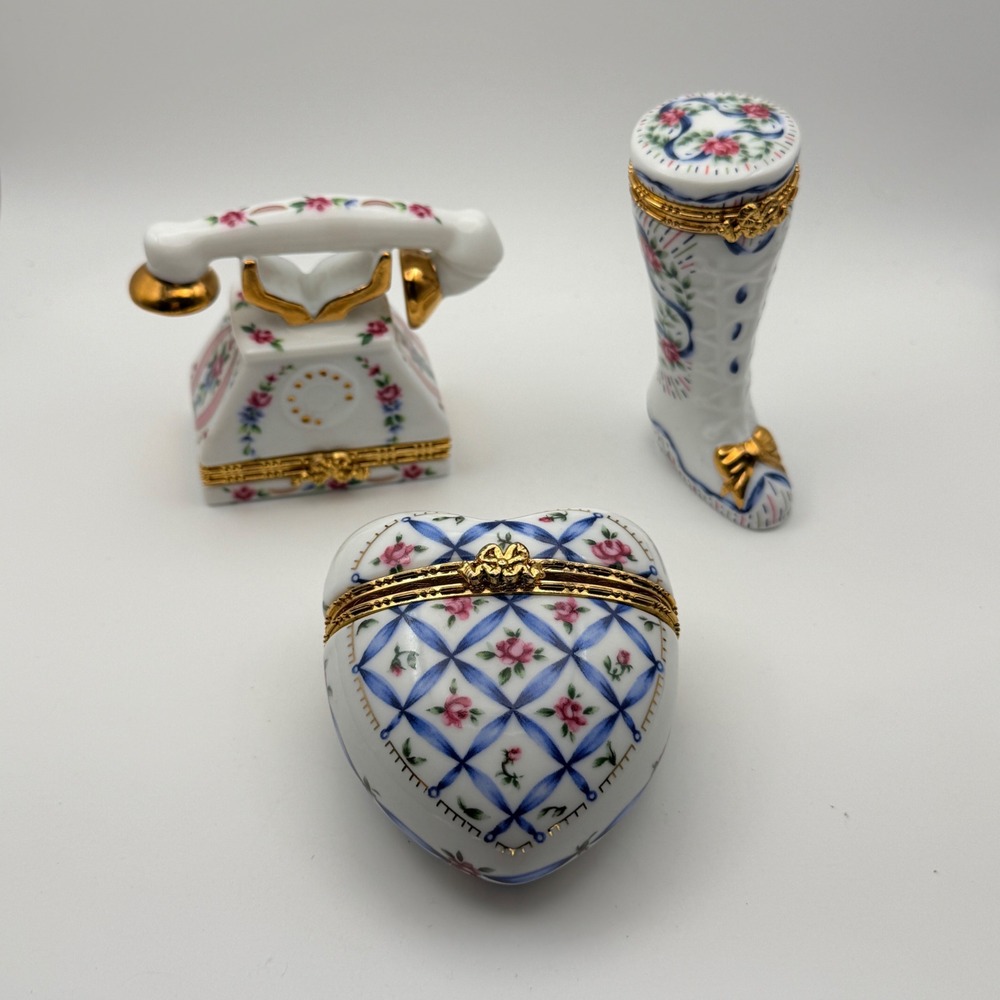 Lefton China Porcelain Trinket Box Set Heart Telephone Boot Floral Vintage 1997